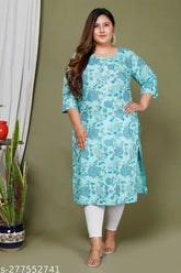 Light Blue printed cotton straight kurta for plus size women, three-quarter sleeves, India origin